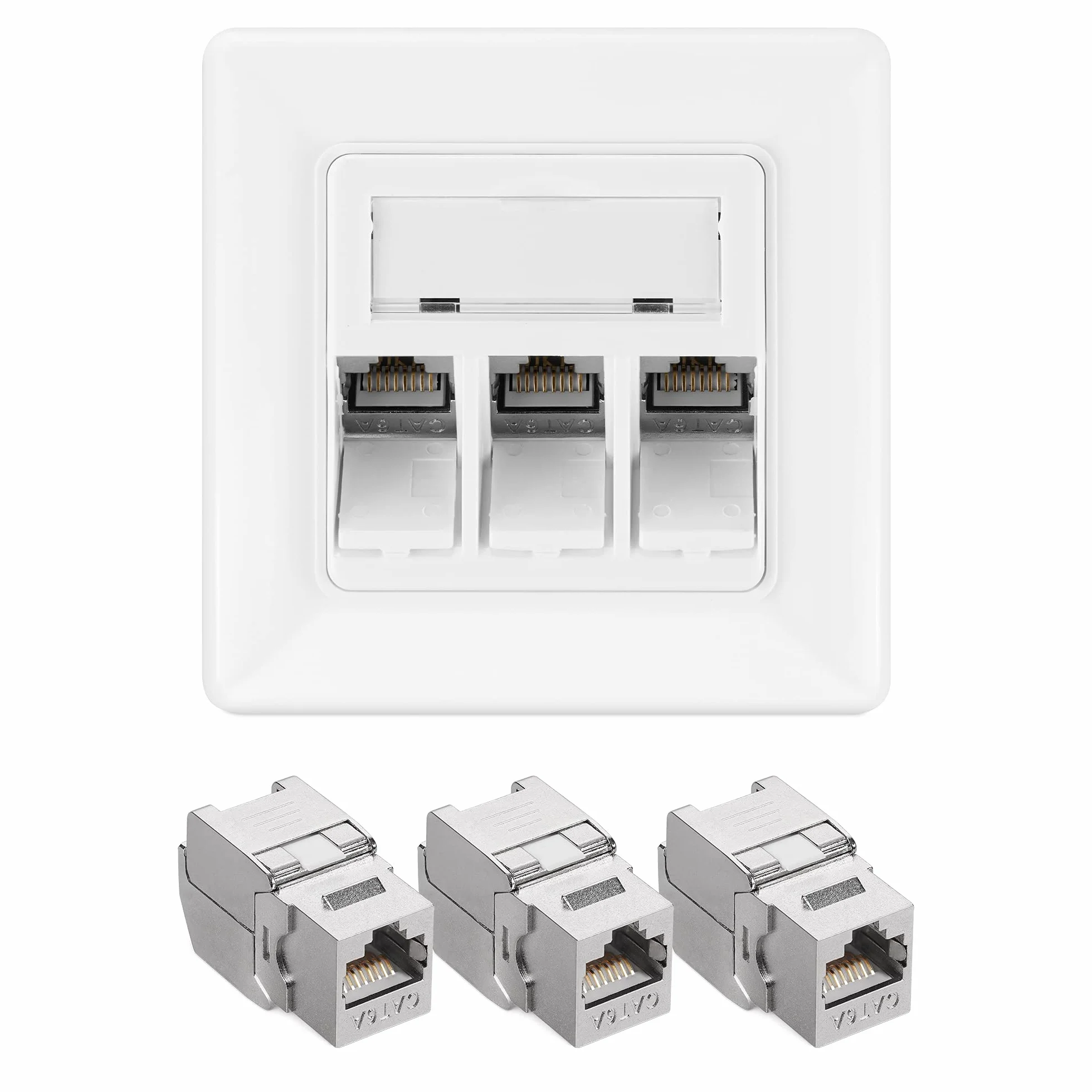 kwmobile Keystone Modul Set - 3x CAT6A Keystone Modul und 3Fach Netzwerkdose für Unterputz - RJ45 Anschluss bis 10 Gbit/s mit 3er Netzwerk LAN Dose - geschirmt - Metallgehäuse