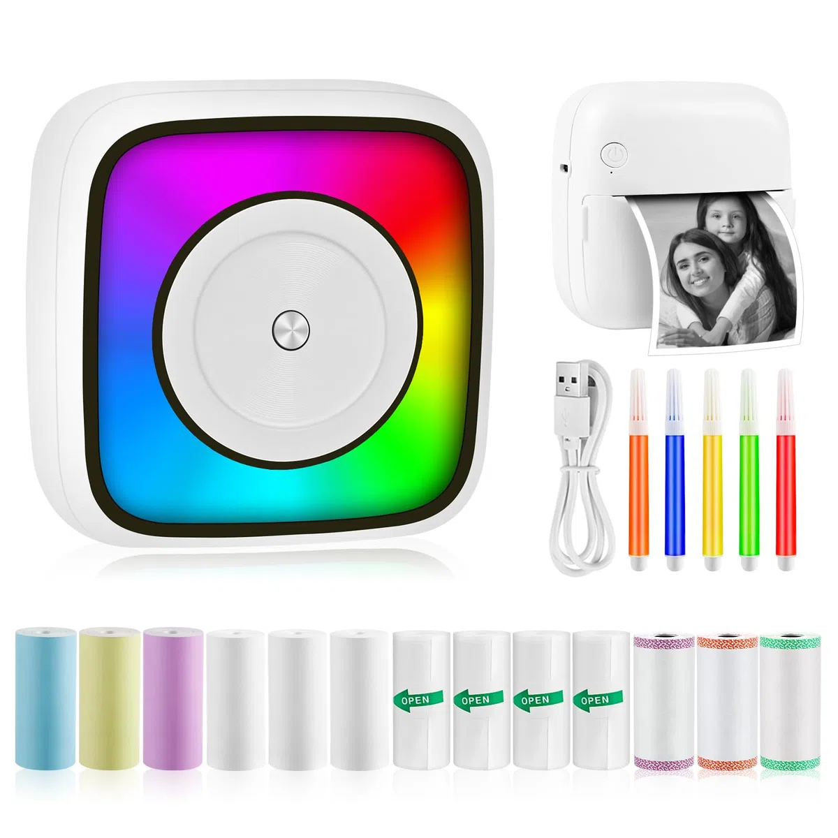 GuKKK Mini Drucker, Mobiler Fotodrucker, Tragbarer Mini Fotodrucker, Wireless Fotodrucker Thermodrucker, mit 13 Rollen Druckerpapie und 5 Buntstifte, Smartphone Bluetooth Drucker, für Liste, Journal