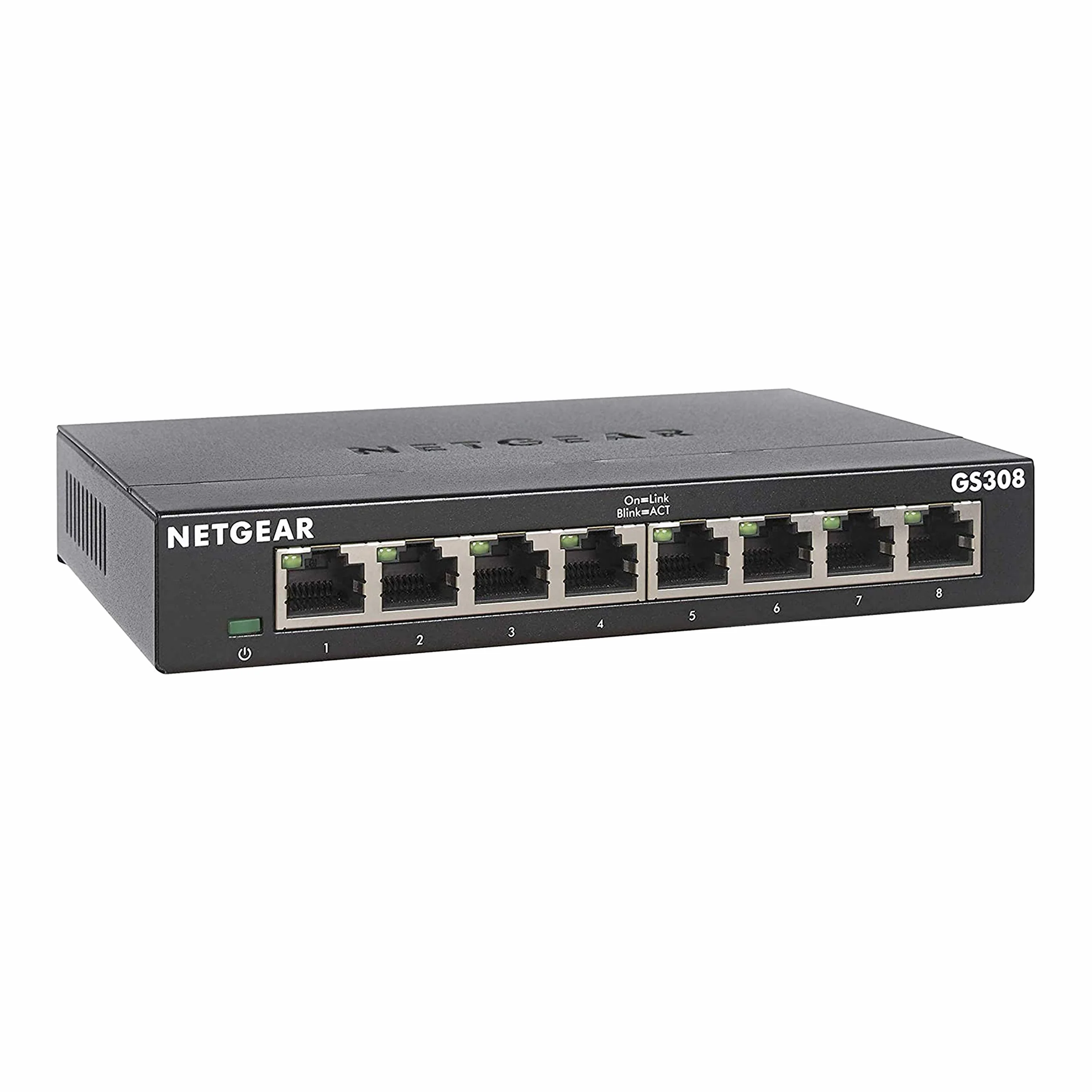 NETGEAR GS308 LAN Switch 8 Port Netzwerk Switch (Plug-and-Play Gigabit Switch LAN Splitter, LAN Verteiler, Ethernet Hub lüfterlos, Robustes Metallgehäuse mit EIN-/Ausschalter), Schwarz