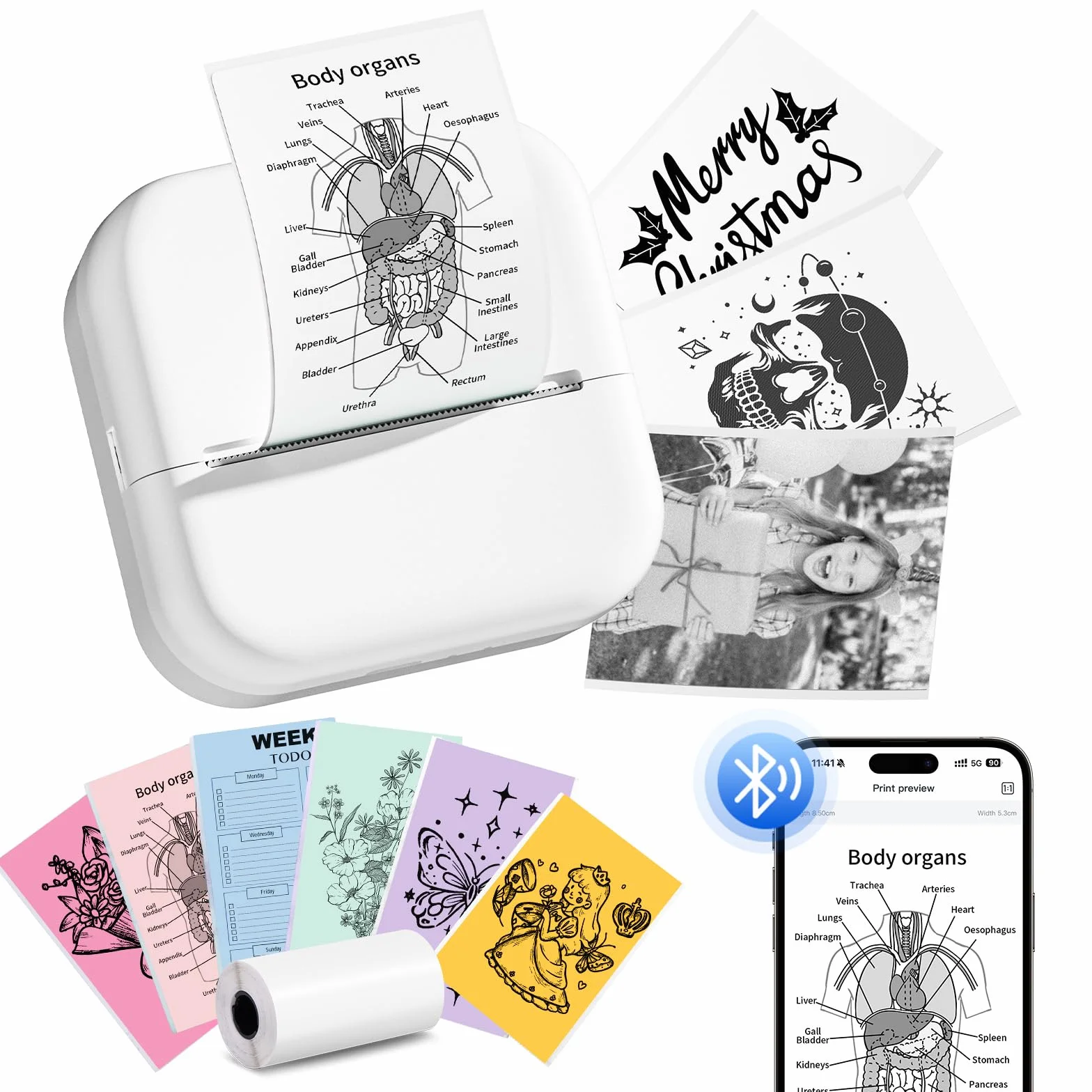 Memoking Mini Drucker für Smartphone, Kinderdrucker Sofortbilddrucker mit Bluetooth, M02L Minidrucker mit 1 Aufkleber Papierrolle,Lustige Kinderspielzeug Geschenke für Jungen & Mädchen von 6-18 Jahren