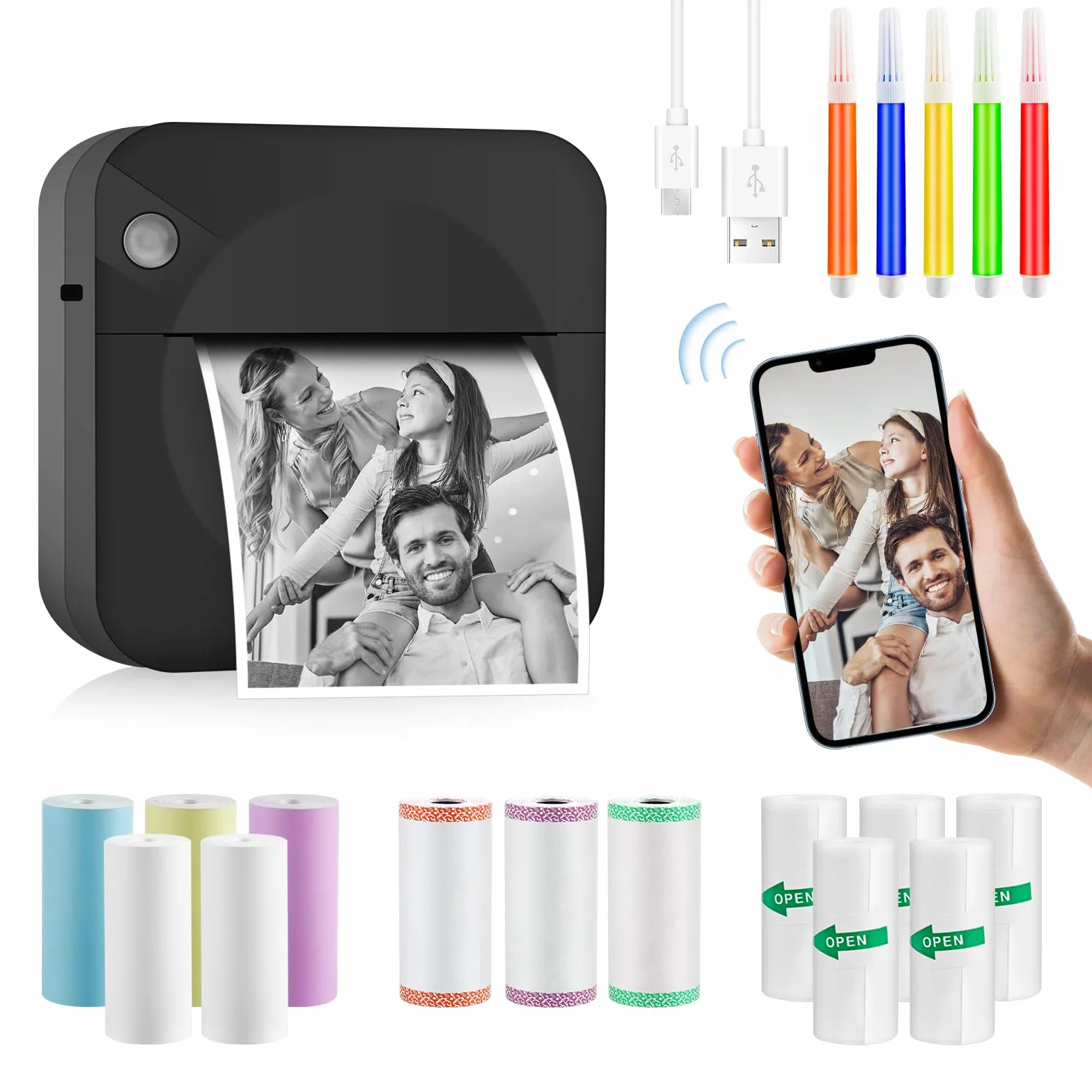 GuKKK Mini Fotodrucker, Mobiler Thermodrucker, Wireless Bluetooth Drucker für Smartphone, Mit 13 Rollen Druckerpapier und 5 Buntstifte, Tragbar für Liste, Journal