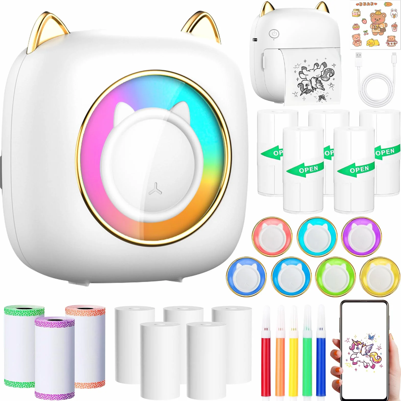 Mini Drucker, Tragbarer Mini Fotodrucker Thermodrucker Smartphone Taschendrucker, Wireless Bluetooth Fotodrucker Kompatibel mit Android & iOS mit 14 Rollen Papier für Notizen, Liste, Weiß