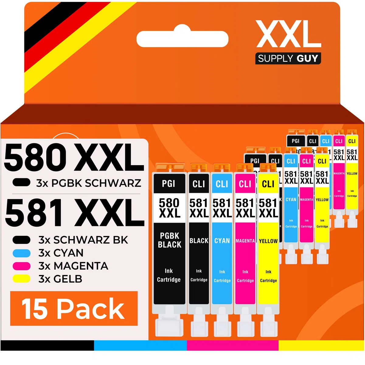 Supply Guy 580XXL 581XXL Druckerpatronen kompatibel mit Canon PGI-580 CLI-581 Patronen passend für Pixma TS705 TS705a TS6350 TS6350a TS6351 TS6351a TS6300 TR8550 TS9550 Multipack 15 Tintenpatronen