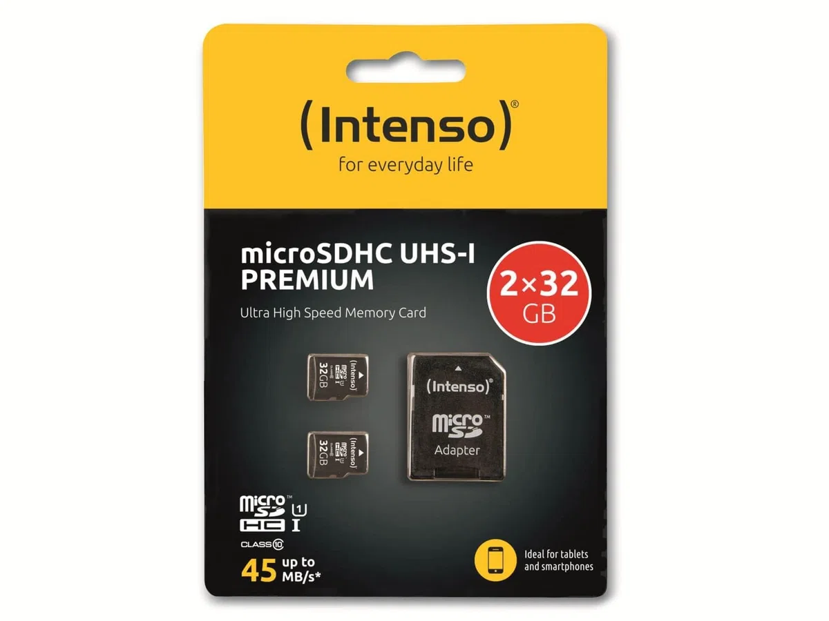Intenso Premium micro SD Karte 32 GB microSDHC – 2x32 GB Doppelpack, Class 10, UHS-I, bis zu 90 MB/s, inkl. SD-Adapter, schwarz